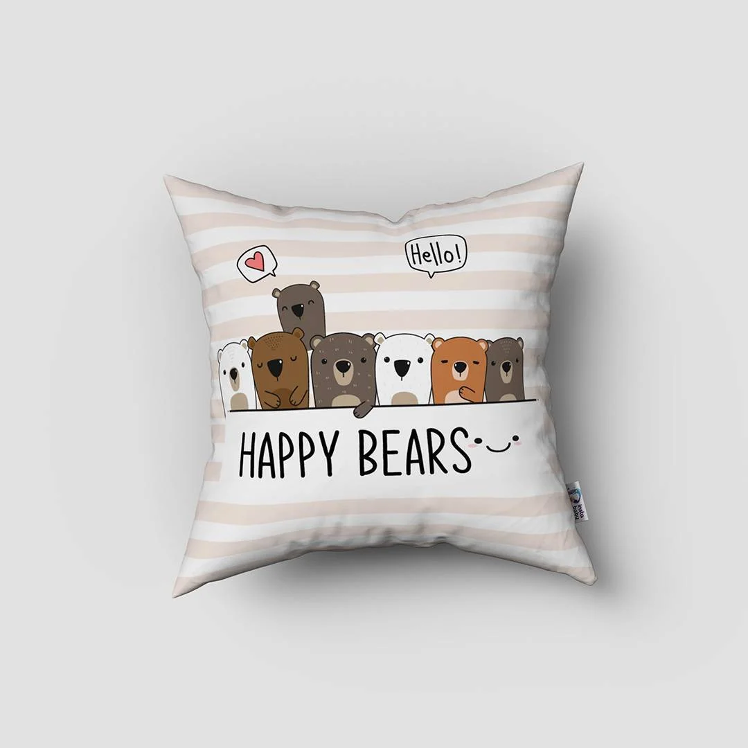 Ayılar Kırlent Kılıfı | Beyaz çizgili, kalpler Desenli