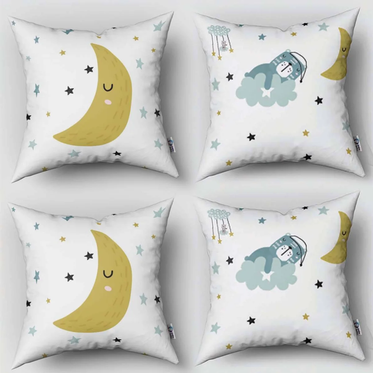 Uyuyan Ayıcık ve Gökyüzü 4lü Kırlent | Beyaz bulut, yıldız Desenli