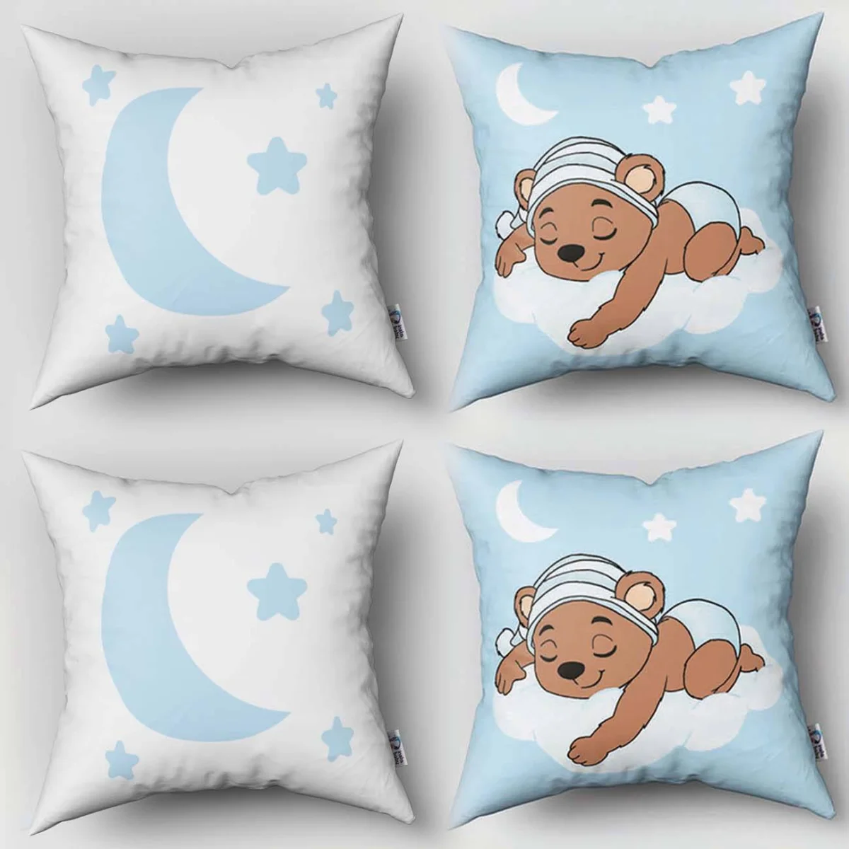 Ayıcık 4lü Kırlent | Mavi yıldızlar, bulut Desenli