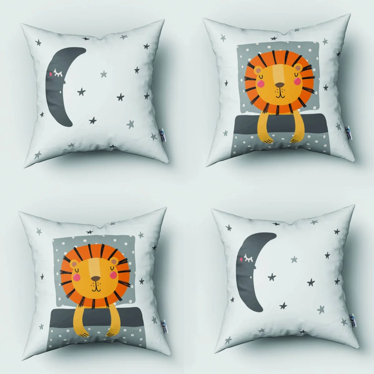 Aslan, Orman Hayvanları 4lü Kırlent | Gri, Beyaz yıldız, ay Desenli