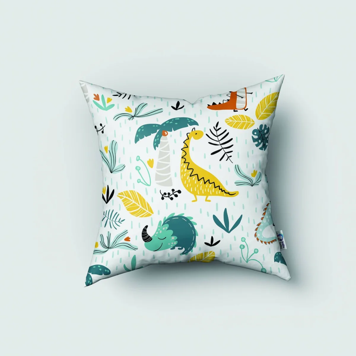 Dinozorlar Kırlent Kılıfı | Açık Mavi Bulutlar, palmiye ağaçları ve yapraklar Desenli