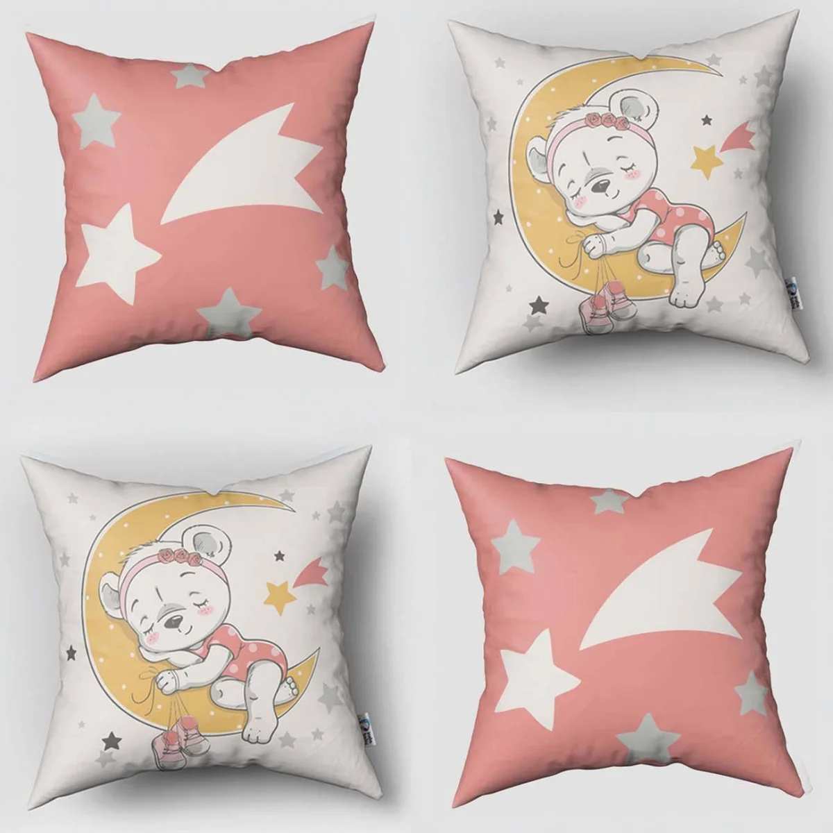 Uyuyan ayıcık, ay 4lü Kırlent | Beyaz Yıldızlar, kayan yıldız Desenli