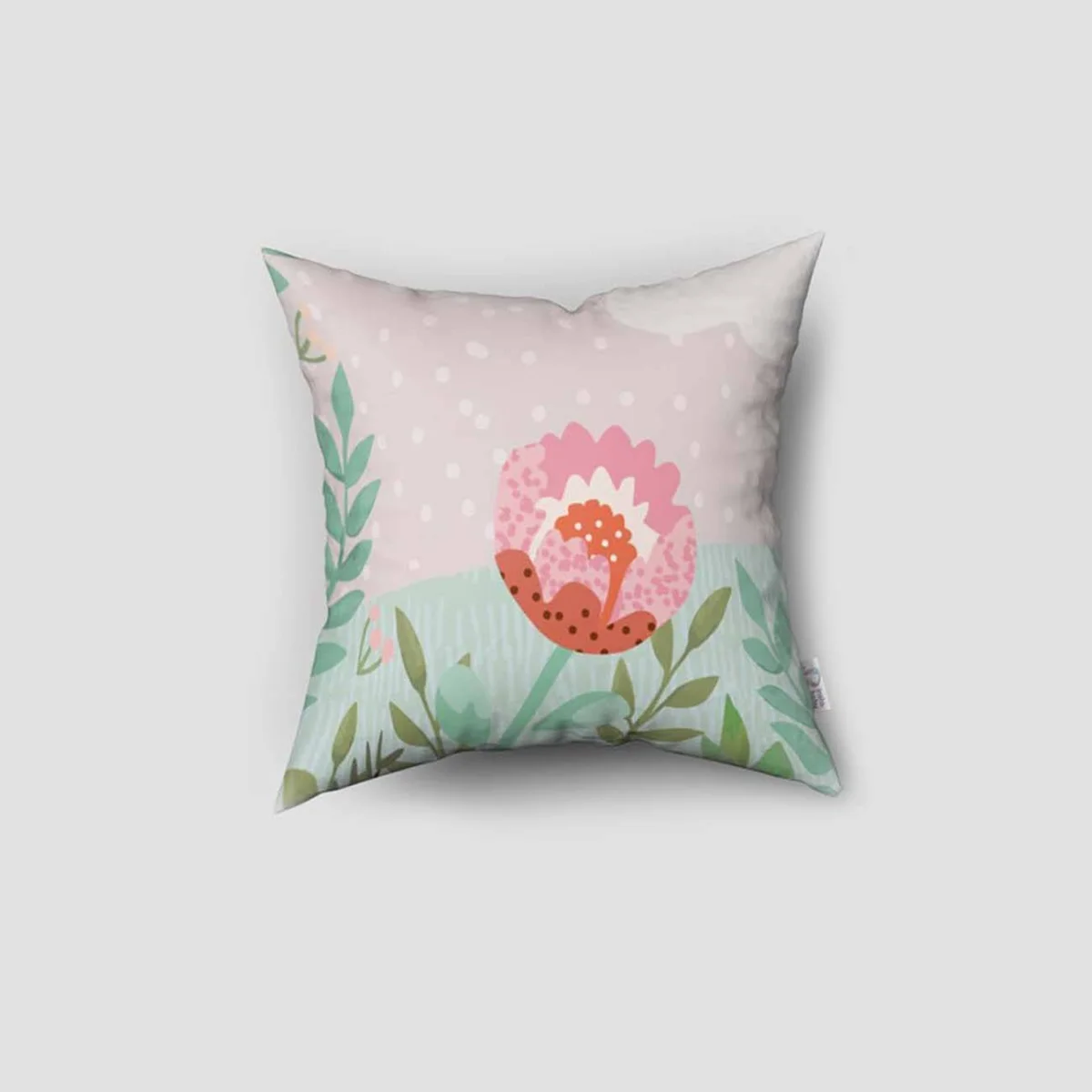 Çiçekli Bahçe Kırlent Kılıfı | Pembe beyaz bulutlar, puantiye Desenli