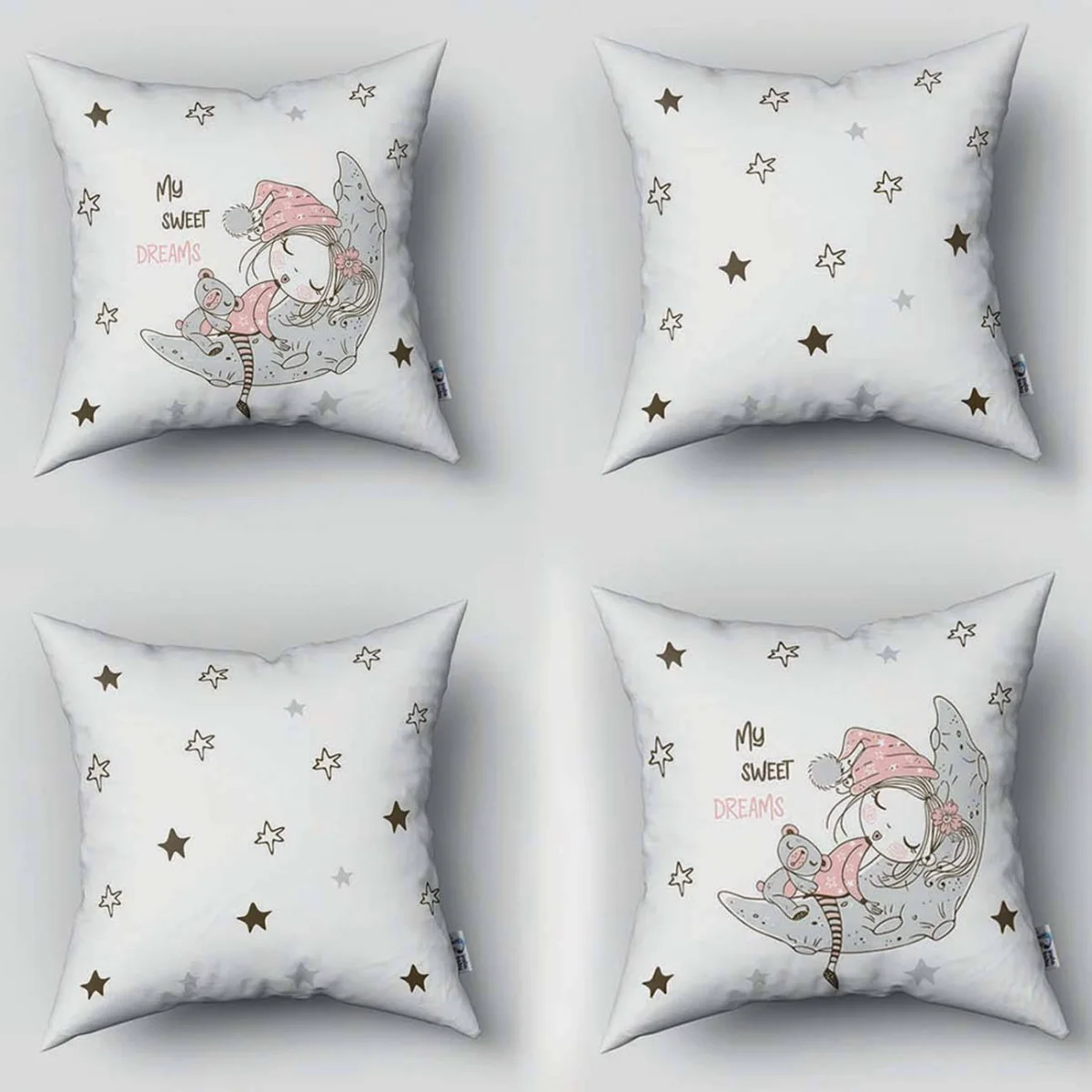 Uyuyan kız ve ay 4lü Kırlent | Beyaz yıldızlar, ay Desenli