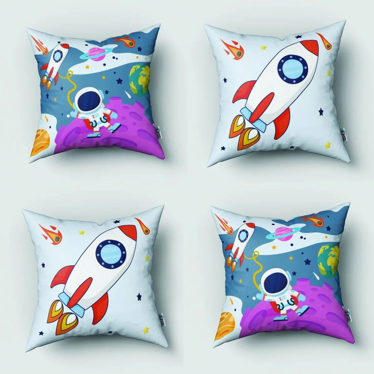 Uzay 4lü Kırlent | Açık Mavi Astronot, roket Desenli