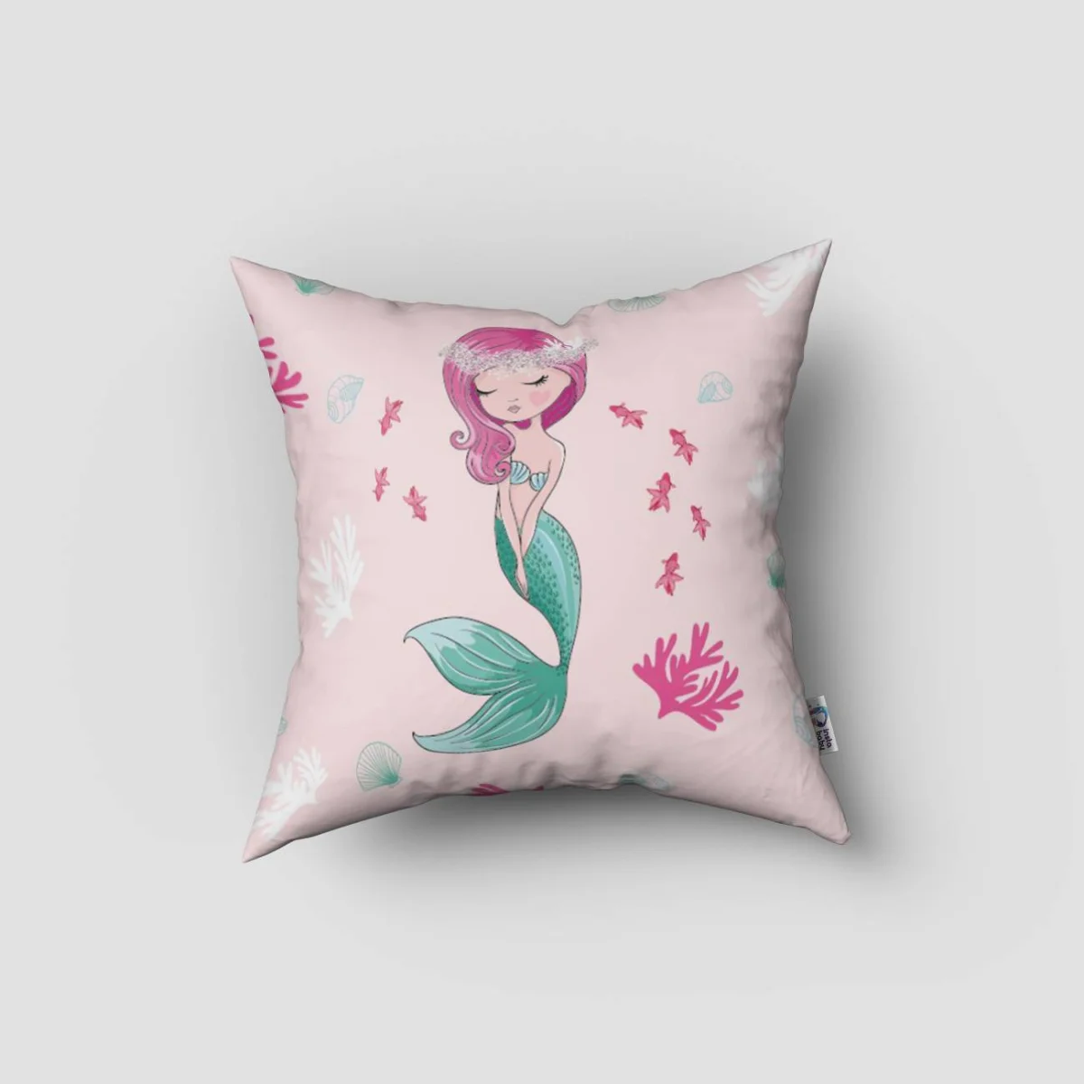 Deniz Kızı Kırlent Kılıfı | Pembe küçük pembe balıklar, mercanlar Desenli