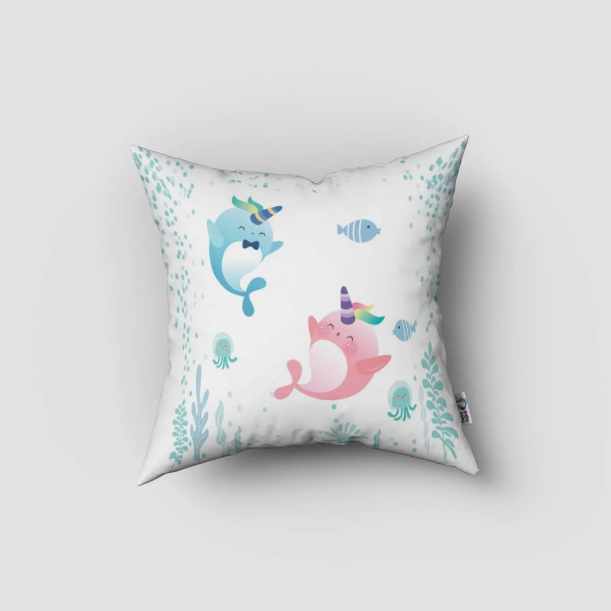 Deniz Kızı ve Deniz Altı Kırlent Kılıfı | Beyaz Deniz kızı, narval Desenli