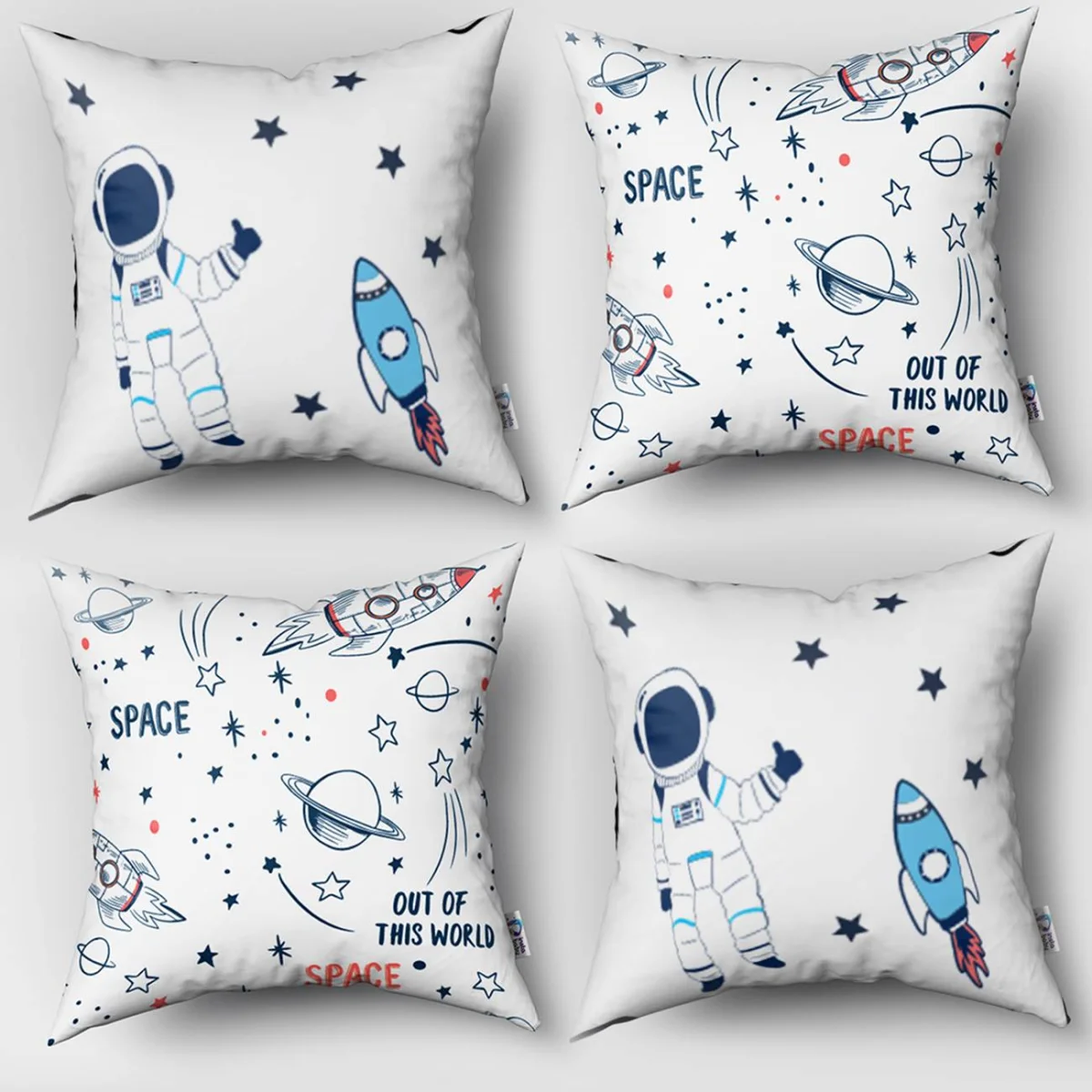 Uzay 4lü Kırlent | Beyaz yıldız, gezegen Desenli