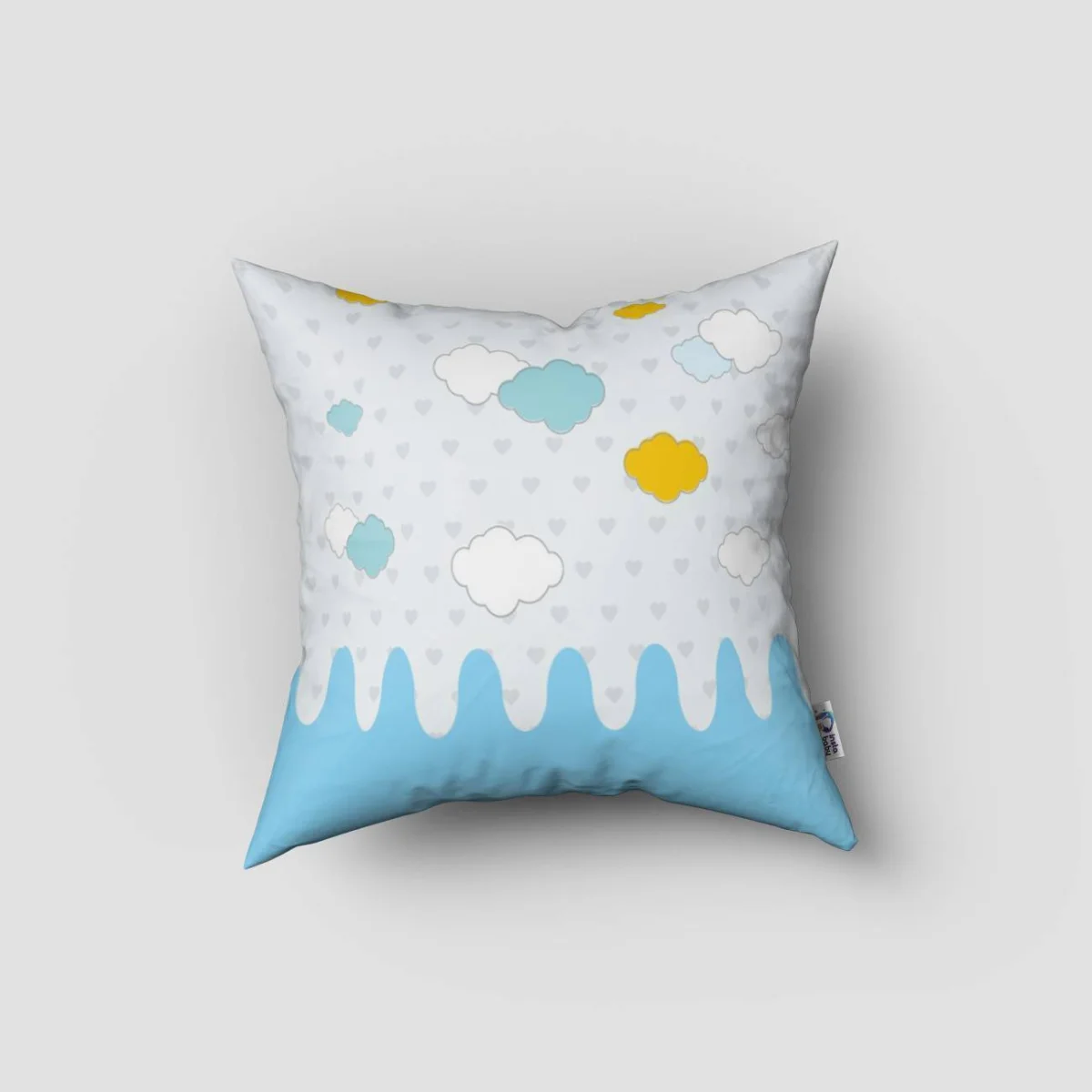 Ayıcık Kırlent Kılıfı | Açık mavi Kalpler, bulutlar Desenli