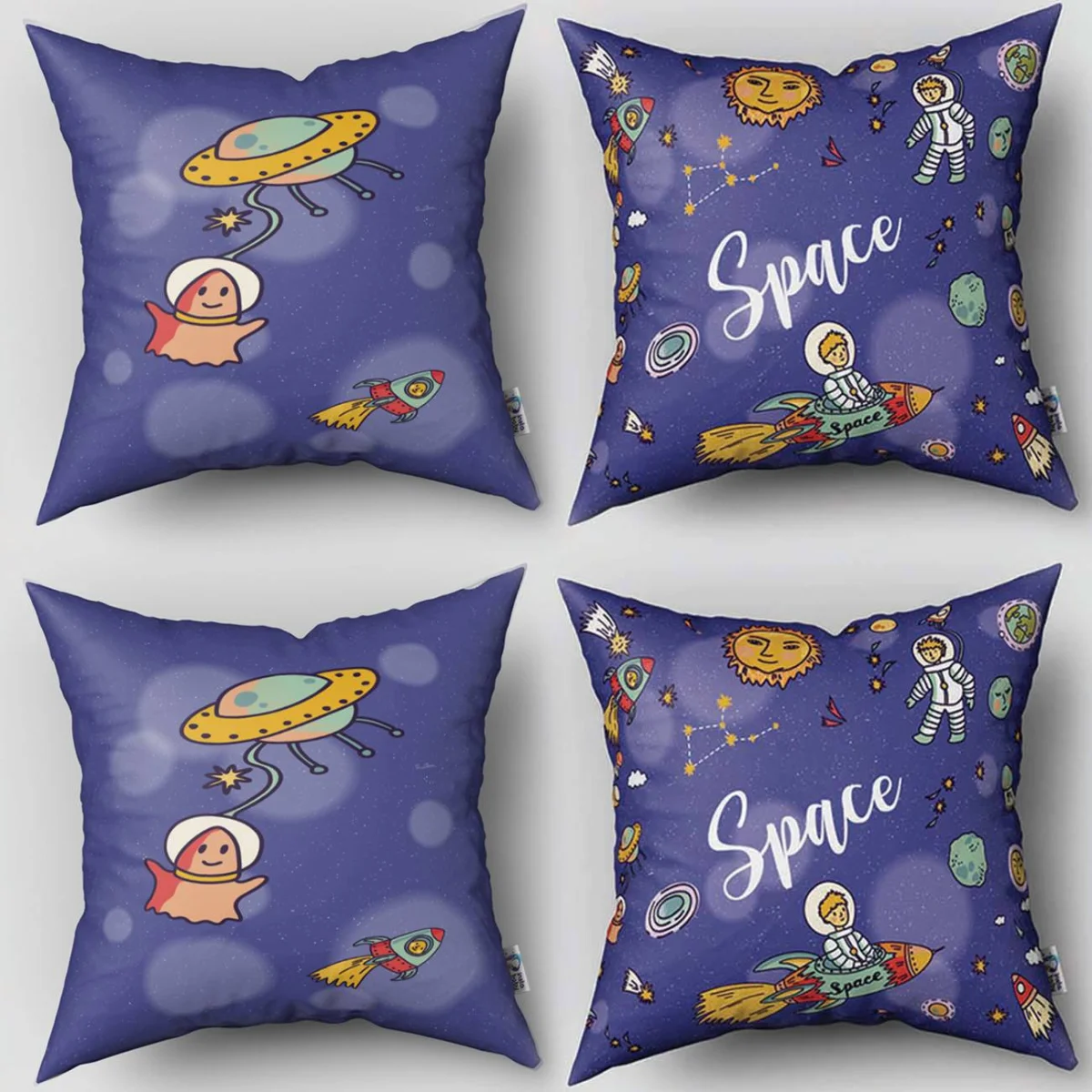 Uzay 4lü Kırlent | Mavi yıldız, gezegen Desenli