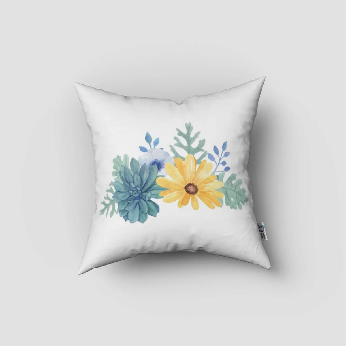 Düş kapanı, Çiçekler Kırlent Kılıfı | Beyaz sarı, mavi ve turkuaz çiçekler Desenli