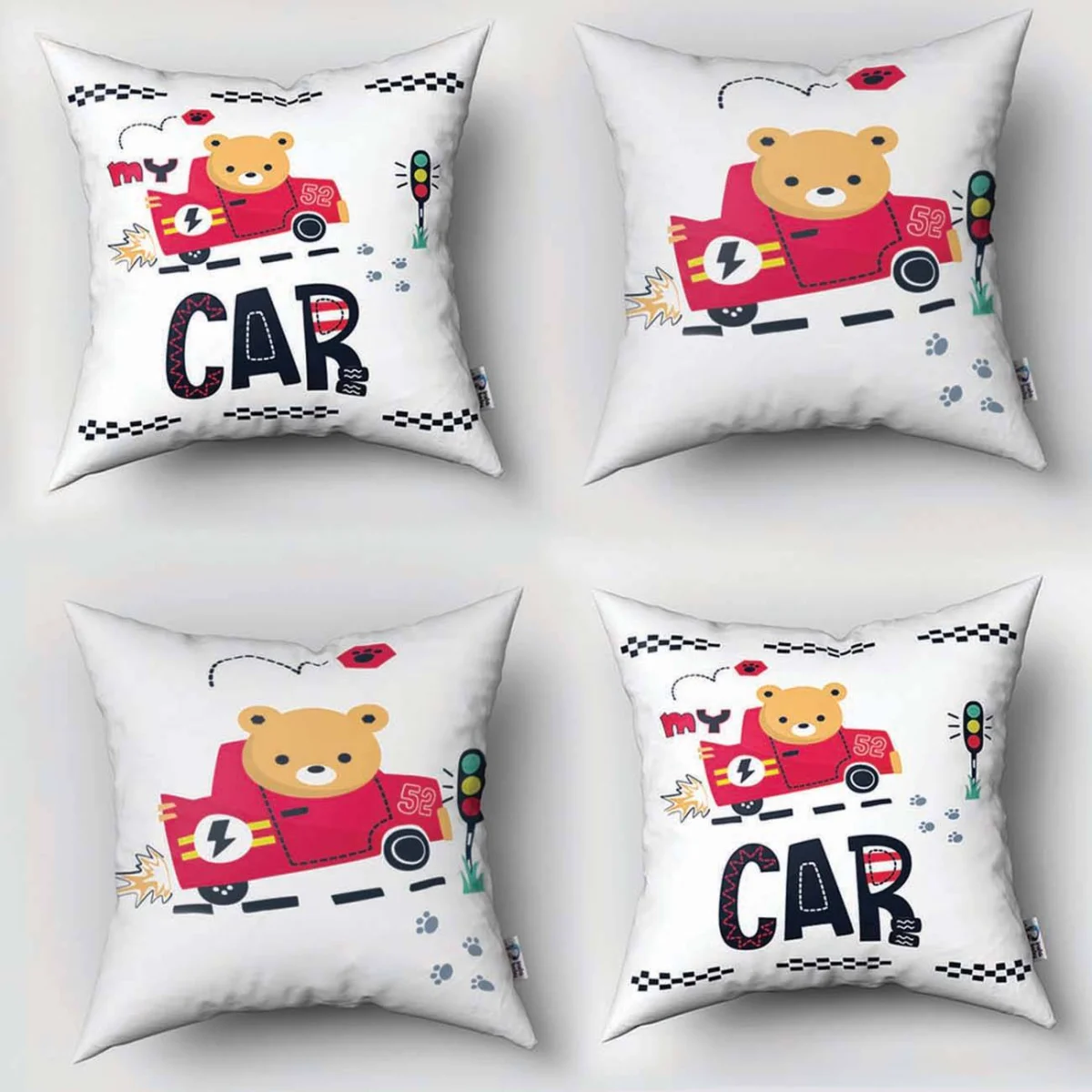 Ayı ve yarış arabası 4lü Kırlent | Beyaz Trafik ışığı, patik izi Desenli