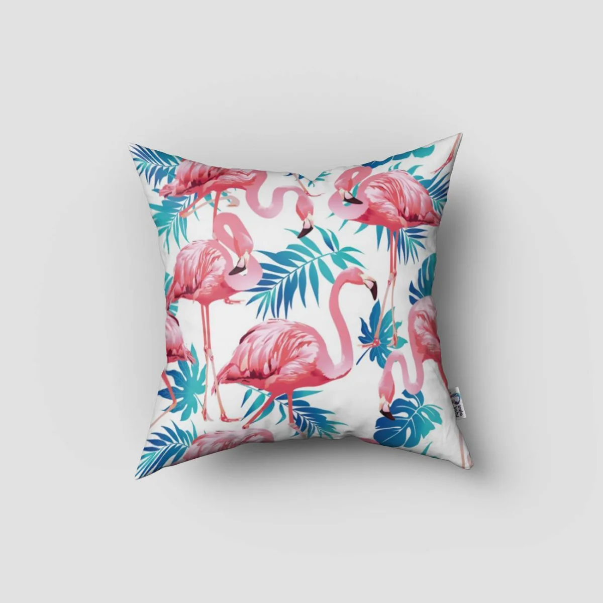 Flamingolar Kırlent Kılıfı | Beyaz Tropikal yapraklar, pembe hibiskus çiçekleri Desenli