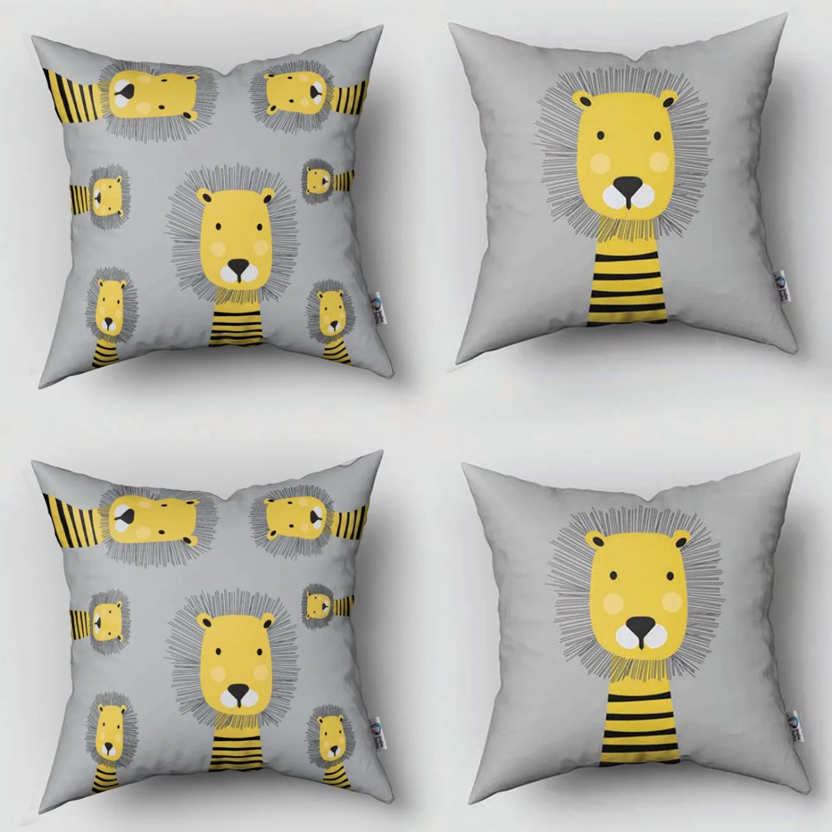 Aslan 4lü Kırlent | Gri siyah yele, çizgili vücut Desenli