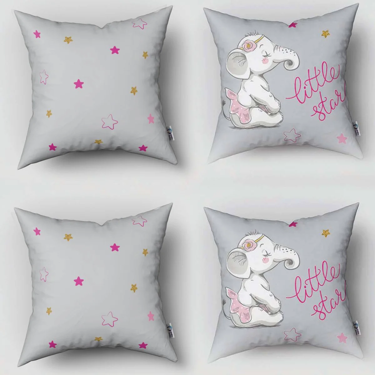 Fil ve Yıldız 4lü Kırlent | Gri Pembe ve altın yıldızlar, little star yazısı Desenli