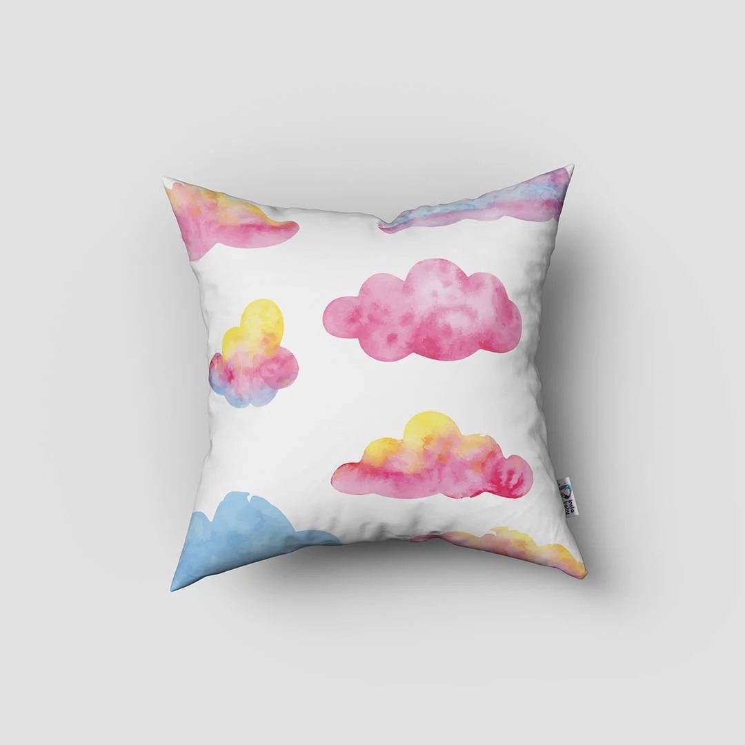 Fil, Sıcak hava balonu Kırlent Kılıfı | Beyaz pembe bulut, kalp Desenli