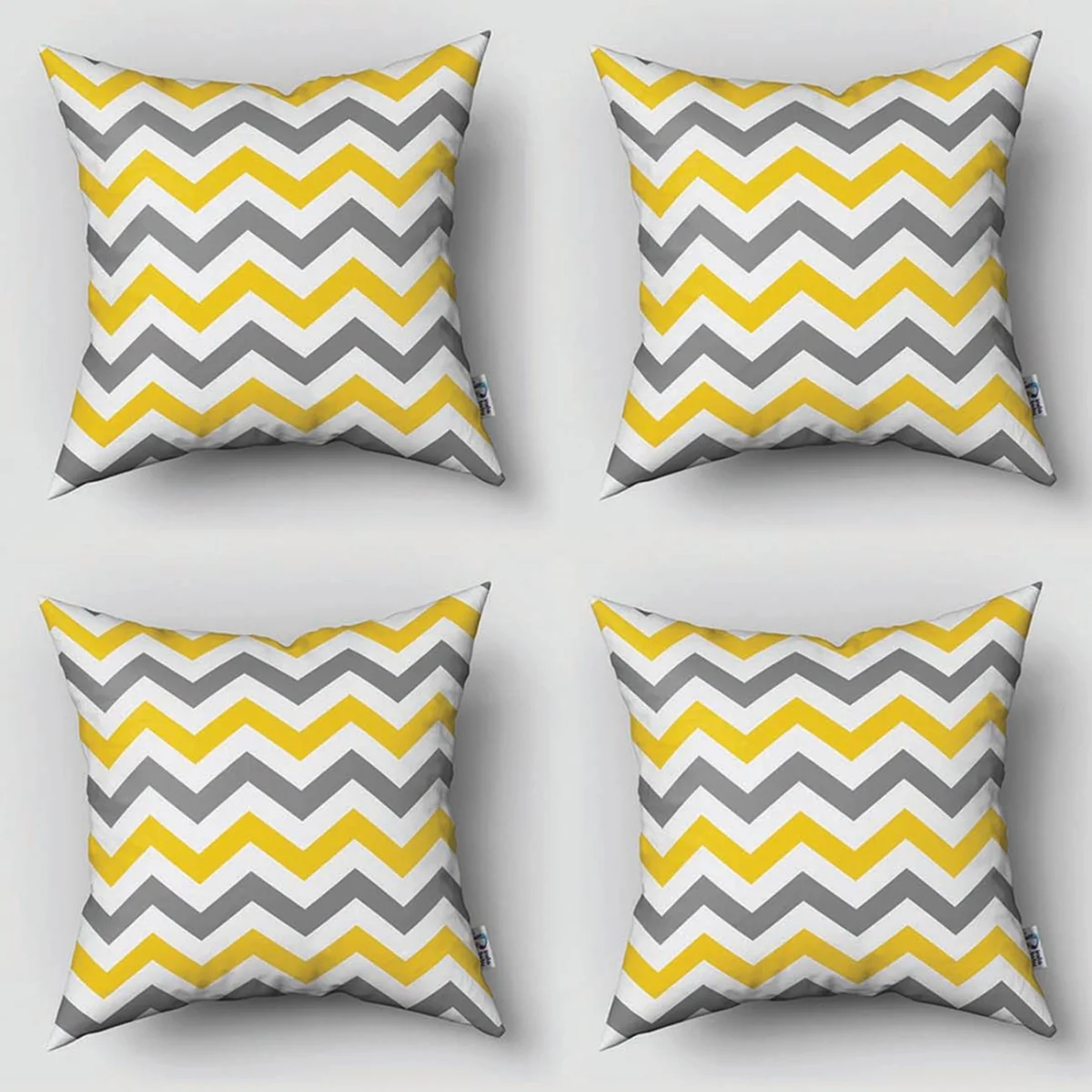 Şevron 4lü Kırlent | Sarı, Gri, Beyaz Zig-zag çizgili Desenli