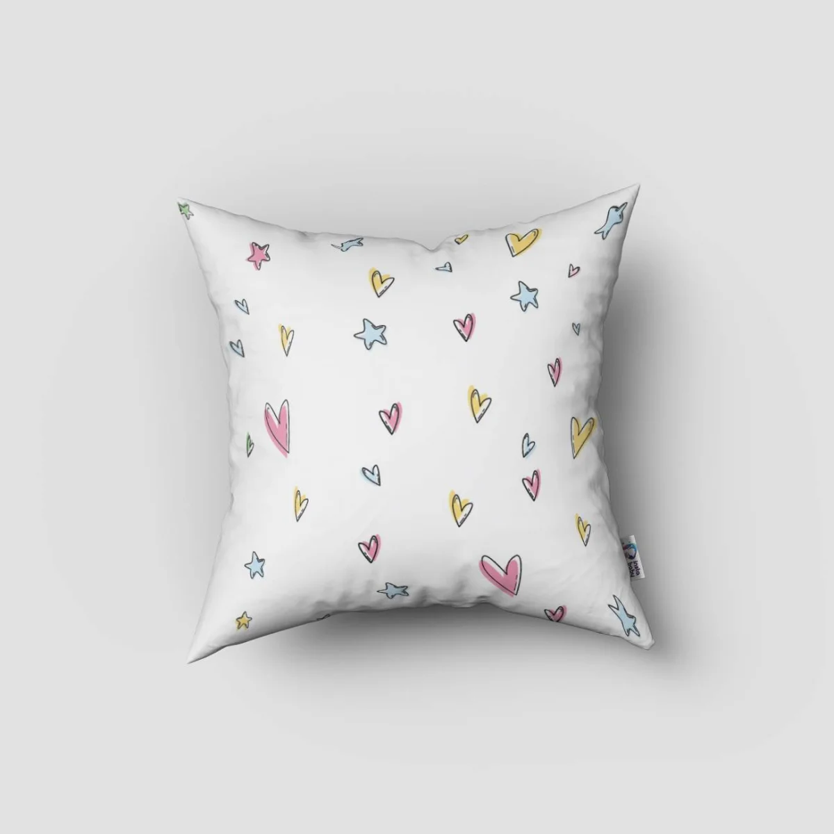 Unicorn Kırlent Kılıfı | Beyaz kalpler, yıldızlar Desenli