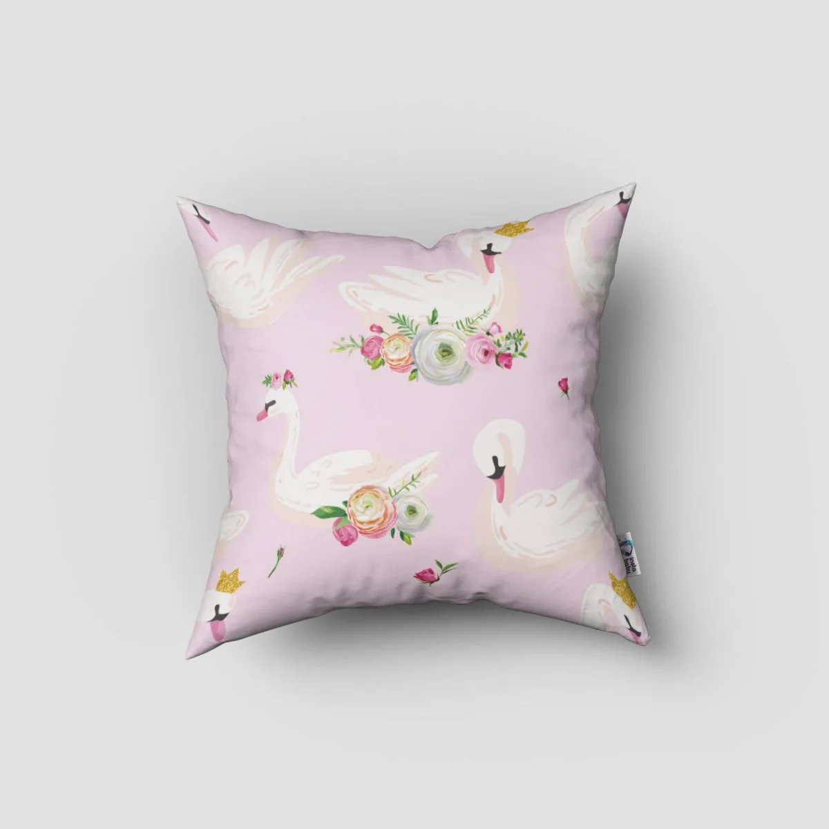 Prenses Kuğu Kırlent Kılıfı | Pembe Altın noktalar ve çiçekler Desenli