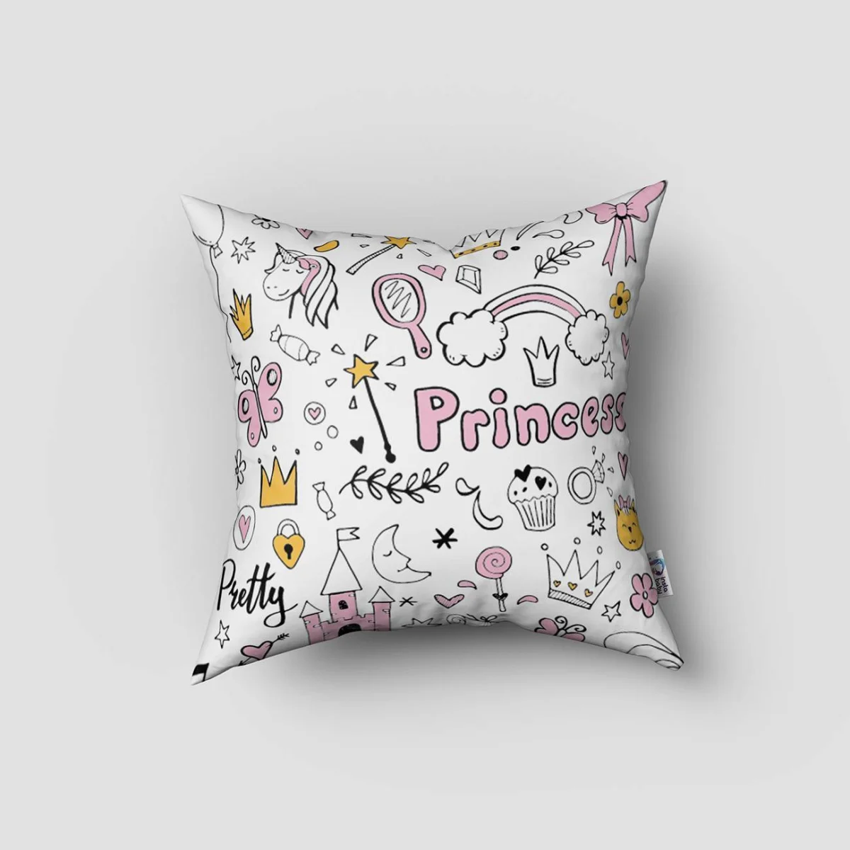 Prenses Kız Kırlent Kılıfı | Beyaz yıldızlar, bulut Desenli