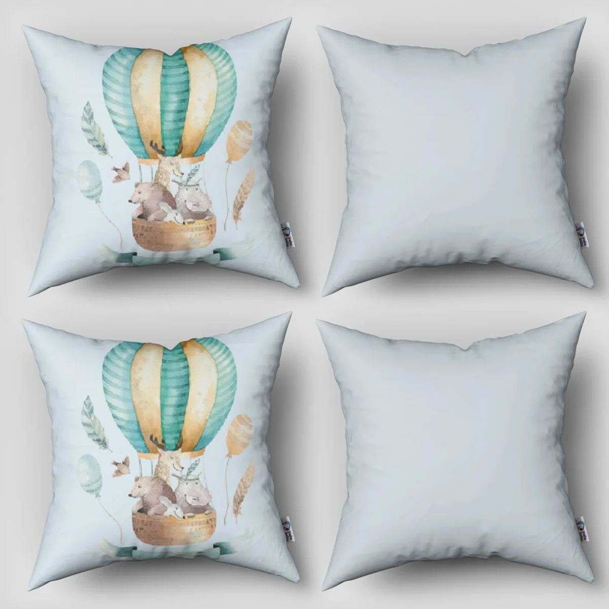 Orman Hayvanları 4lü Kırlent | Mavi Sıcak hava balonu, tüyler Desenli