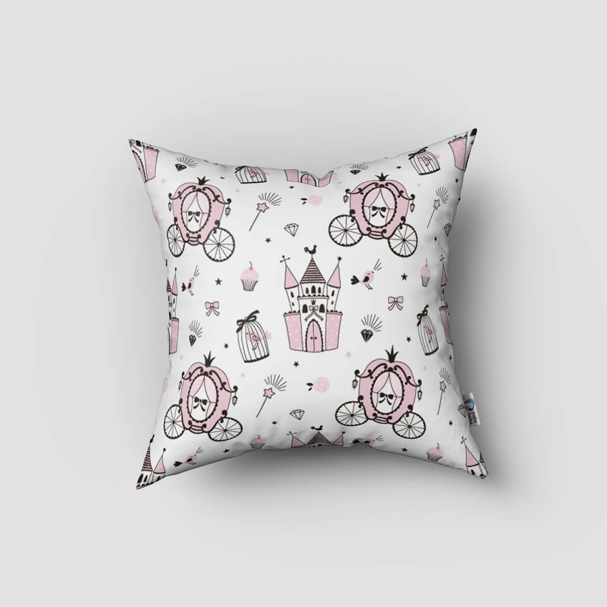 Prenses Kırlent Kılıfı | Beyaz Kalpler, kale Desenli