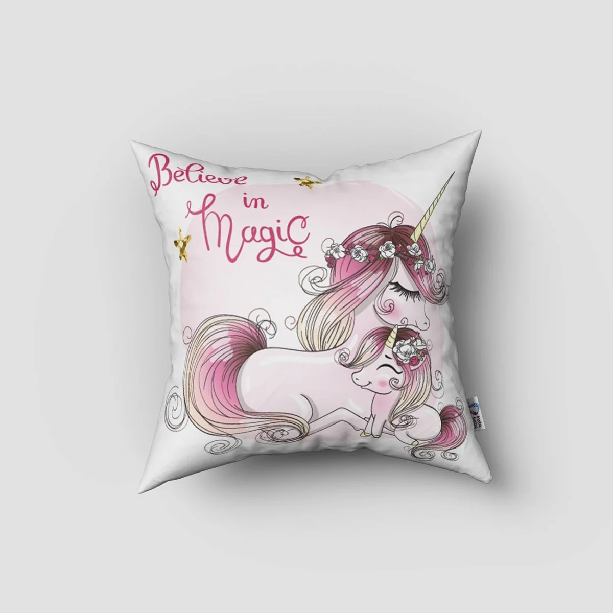 Peri, Unicorn, Sihir Kırlent Kılıfı | Beyaz yıldız, kalp Desenli