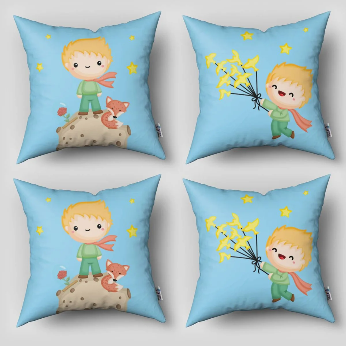 Küçük Prens 4lü Kırlent | Mavi yıldız, tilki Desenli