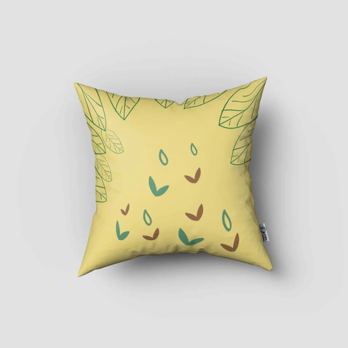 Aslan Kırlent Kılıfı | Sarı yeşil yapraklar, küçük bitki figürleri Desenli