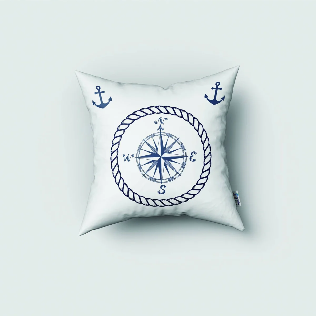 Denizci Kırlent Kılıfı | Beyaz Çapa, pusula Desenli