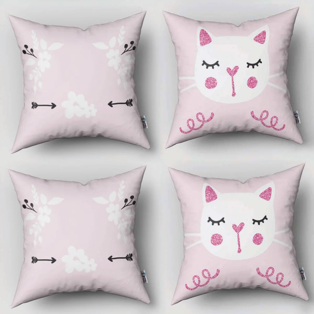 Kedi 4lü Kırlent | Pembe simli detaylar, çiçekler Desenli