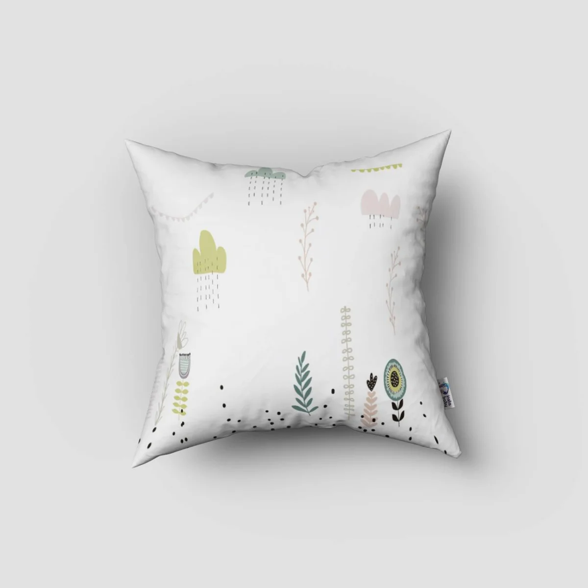 Ayı Kırlent Kılıfı | Beyaz Bulutlar, yapraklar Desenli