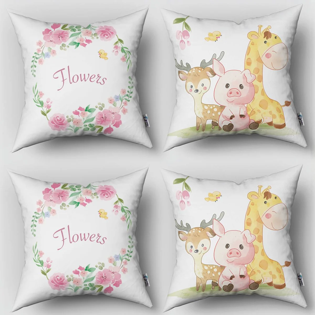 Orman Hayvanları 4lü Kırlent | Beyaz çiçekler, yapraklar Desenli