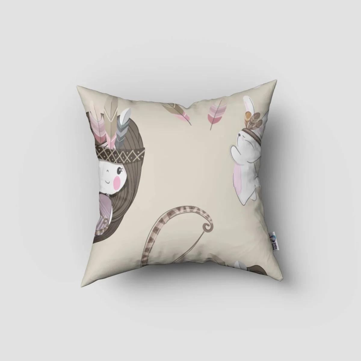 Yerli kız ve tavşan Kırlent Kılıfı | Beyaz yıldızlar, dalgalı çizgiler Desenli