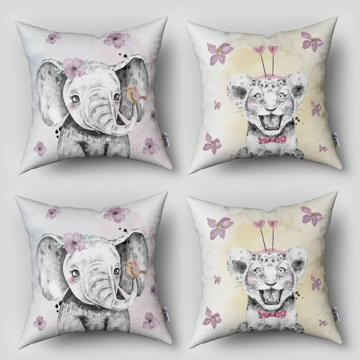 Orman Hayvanları 4lü Kırlent | Bej Pembe çiçekler, yeşil yapraklar Desenli