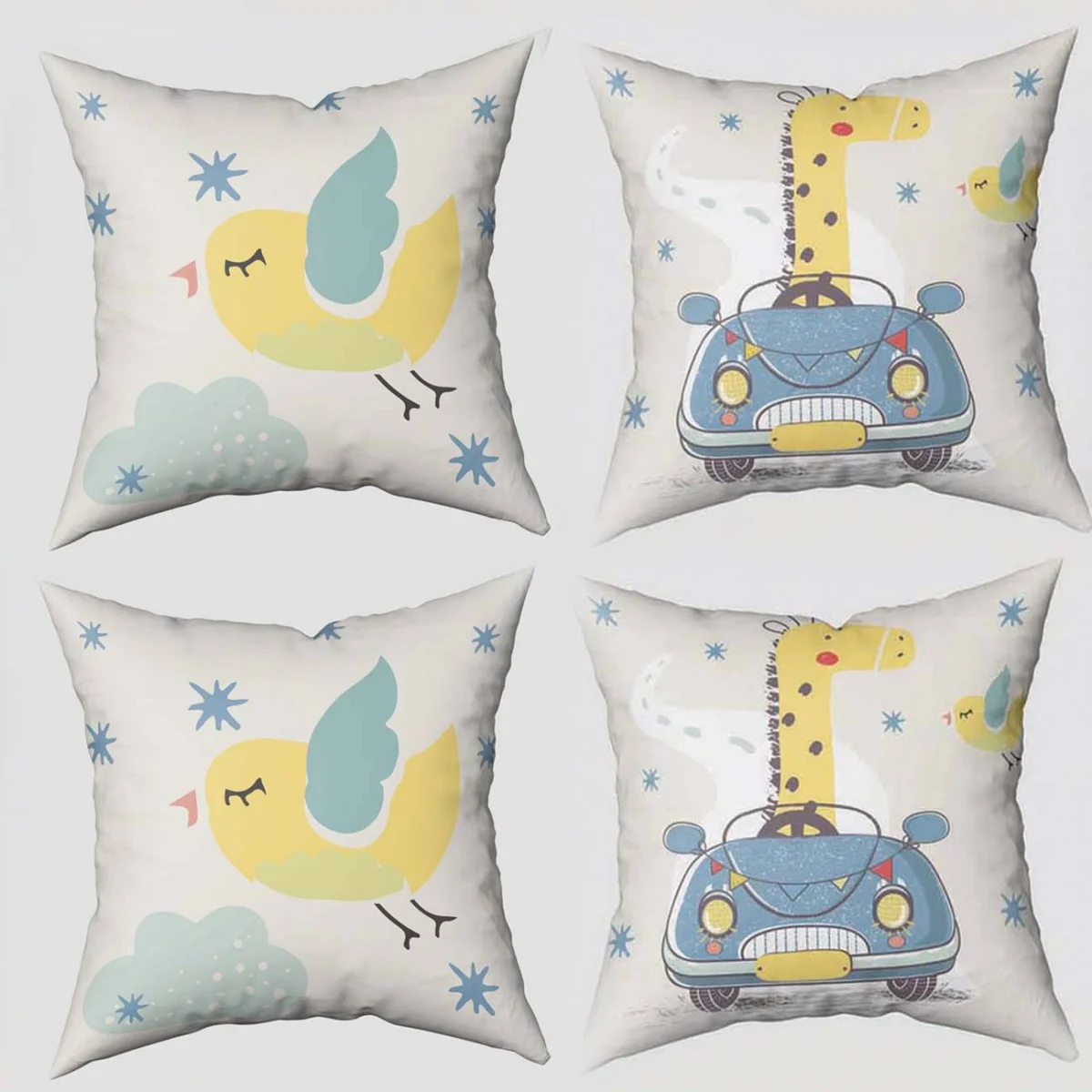 Zürafa ve araba 4lü Kırlent | Krem yıldızlar, bulutlar Desenli