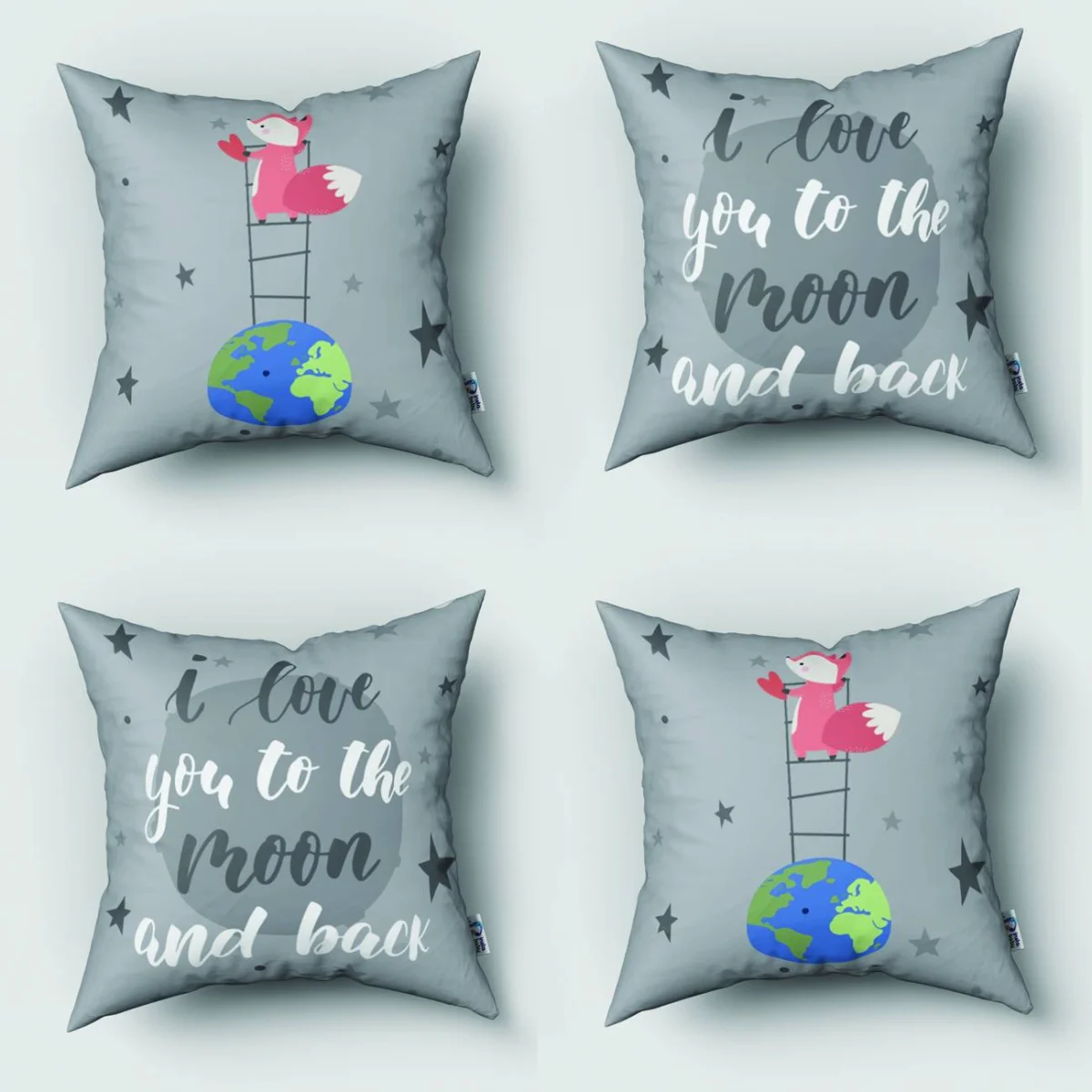 Uzay, Tilki 4lü Kırlent | Gri Yıldızlar, dünya Desenli