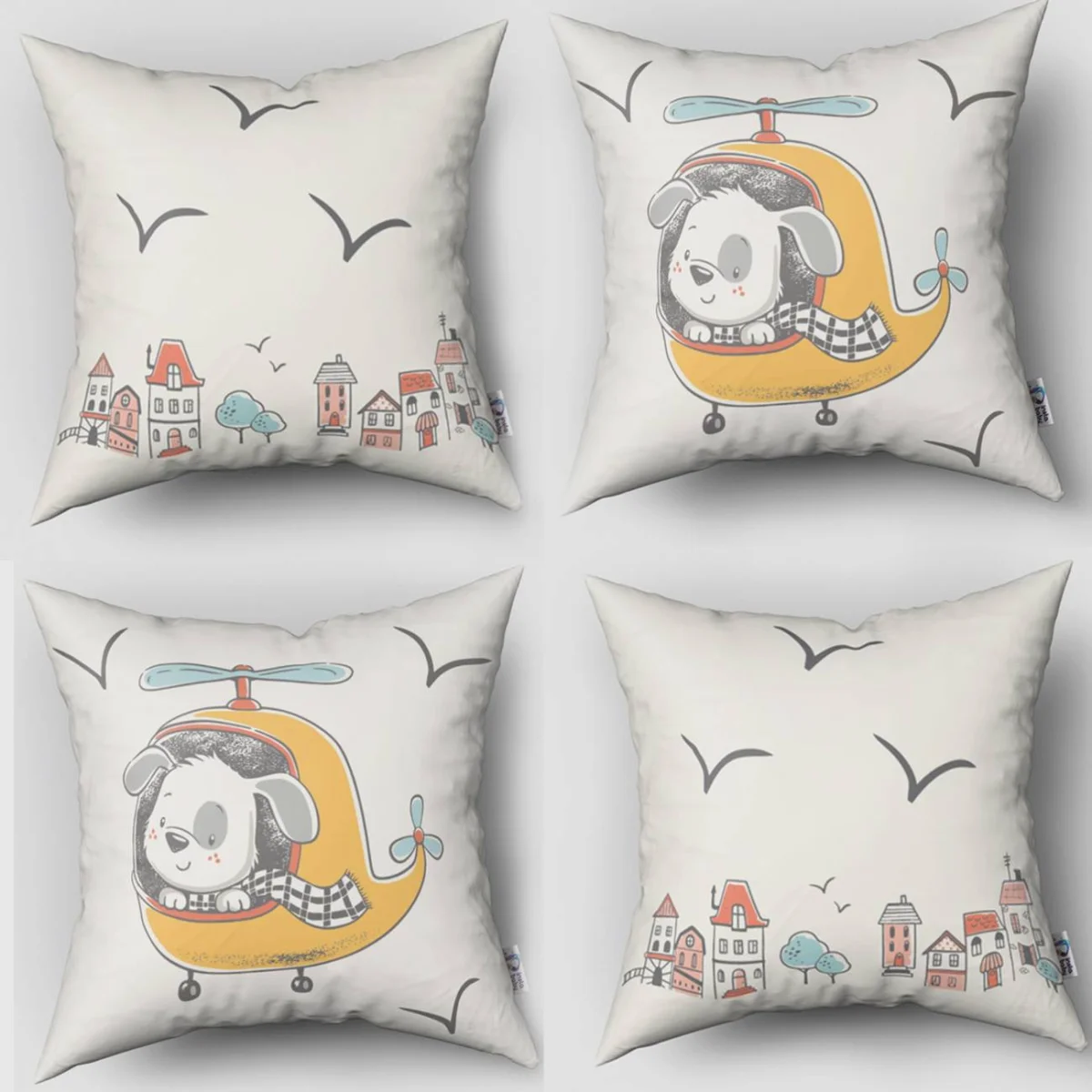 Uçan Köpek 4lü Kırlent | Beyaz Evler, ağaçlar Desenli