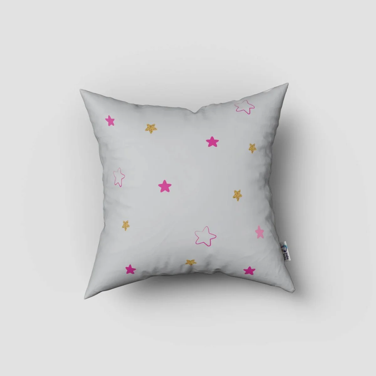 Fil ve Yıldız Kırlent Kılıfı | Gri Pembe ve altın yıldızlar, little star yazısı Desenli