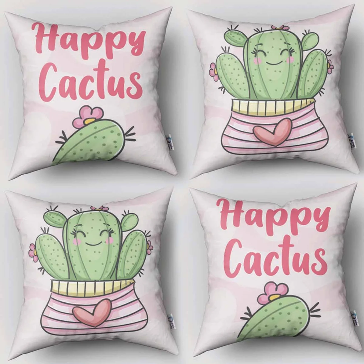 Kaktüs 4lü Kırlent | Beyaz pembe çizgili saksı, kalp Desenli
