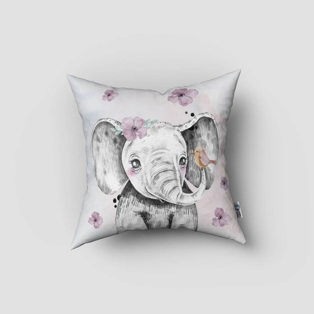 Orman Hayvanları Kırlent Kılıfı | Bej Pembe çiçekler, yeşil yapraklar Desenli