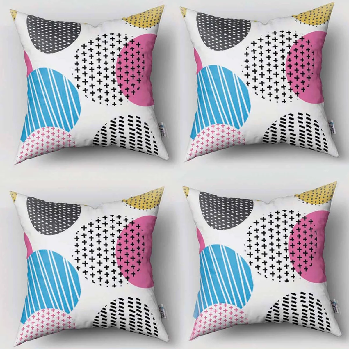 Geometrik desen 4lü Kırlent | Beyaz Çizgili, noktalı Desenli