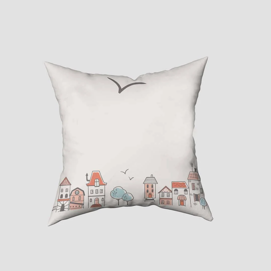 Uçan Köpek Kırlent Kılıfı | Beyaz Evler, ağaçlar Desenli