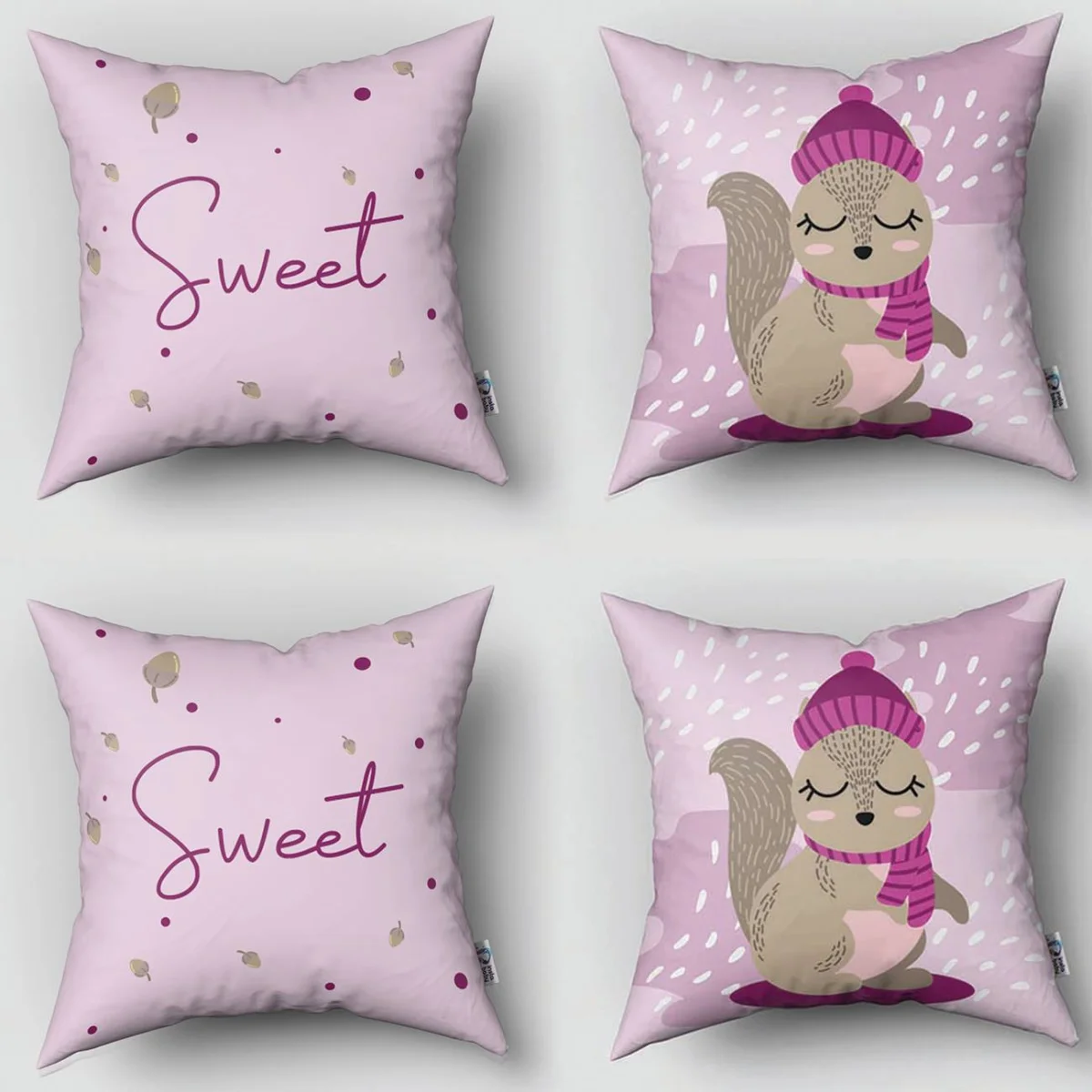 Orman Hayvanları, Sincap 4lü Kırlent | Pembe kar taneleri, palamutlar Desenli