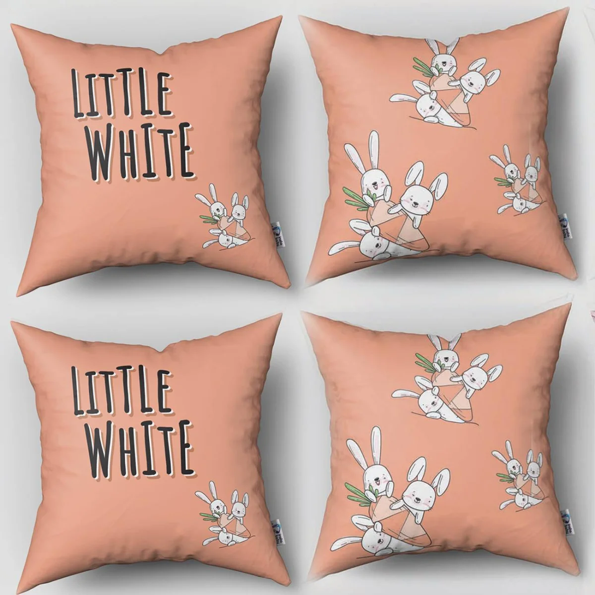 Tavşanlar 4lü Kırlent | Somon Sevimli beyaz tavşanlar, havuçlar Desenli