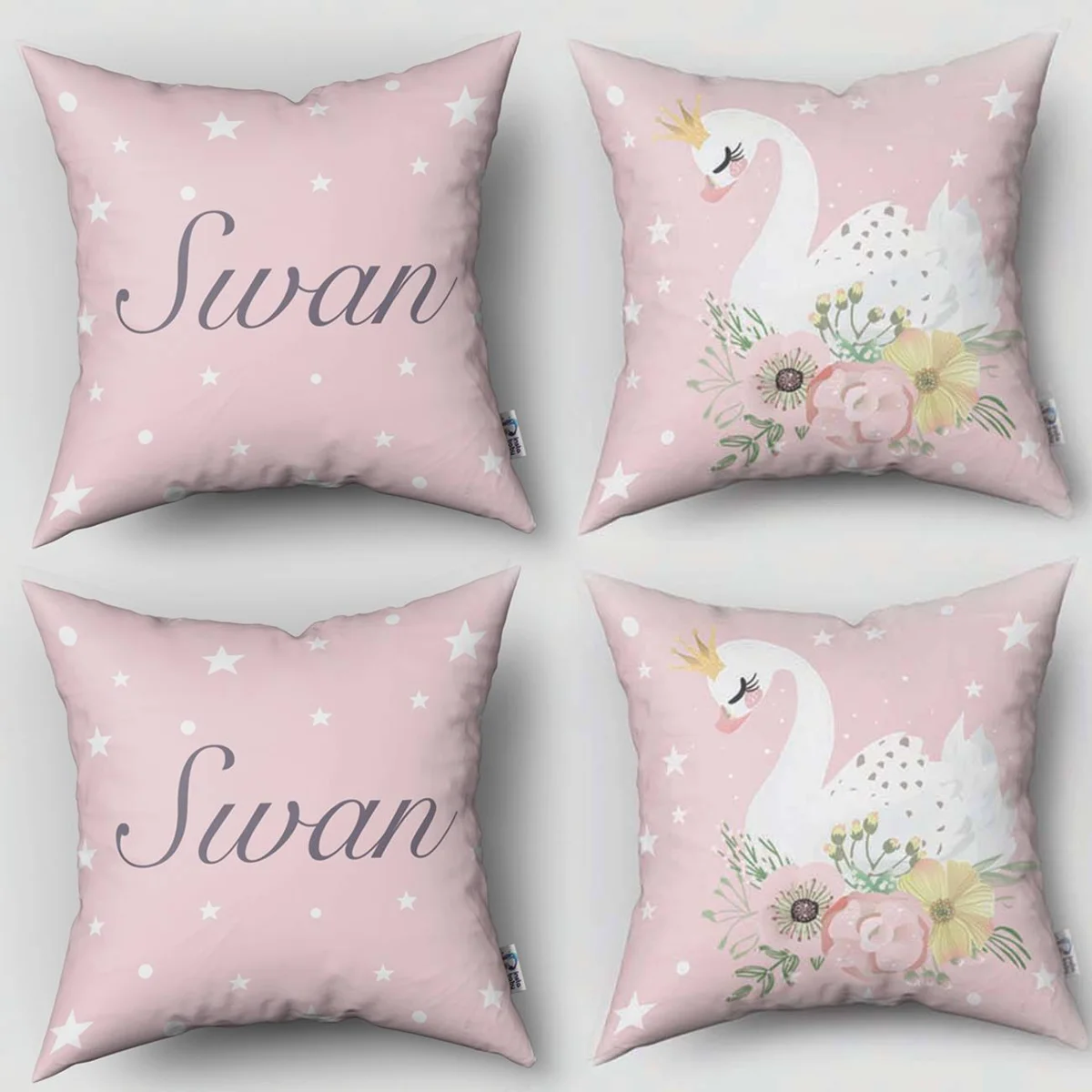 Kuğu 4lü Kırlent | Pembe yıldız, puantiye Desenli