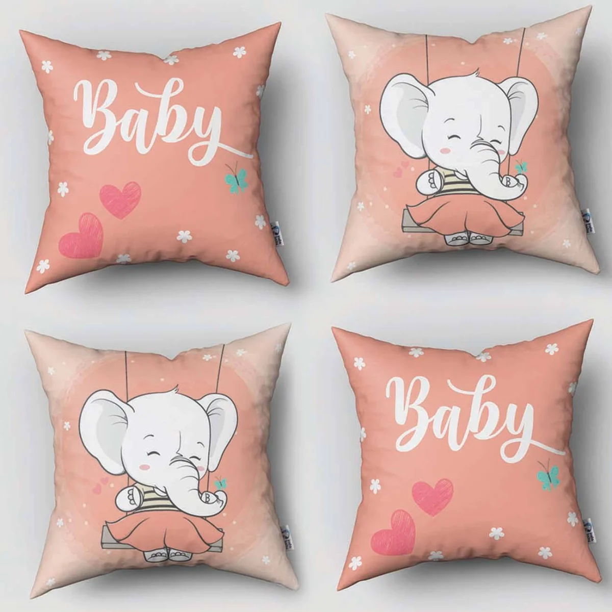 Fil 4lü Kırlent | Pembe Çiçekler, kalpler Desenli