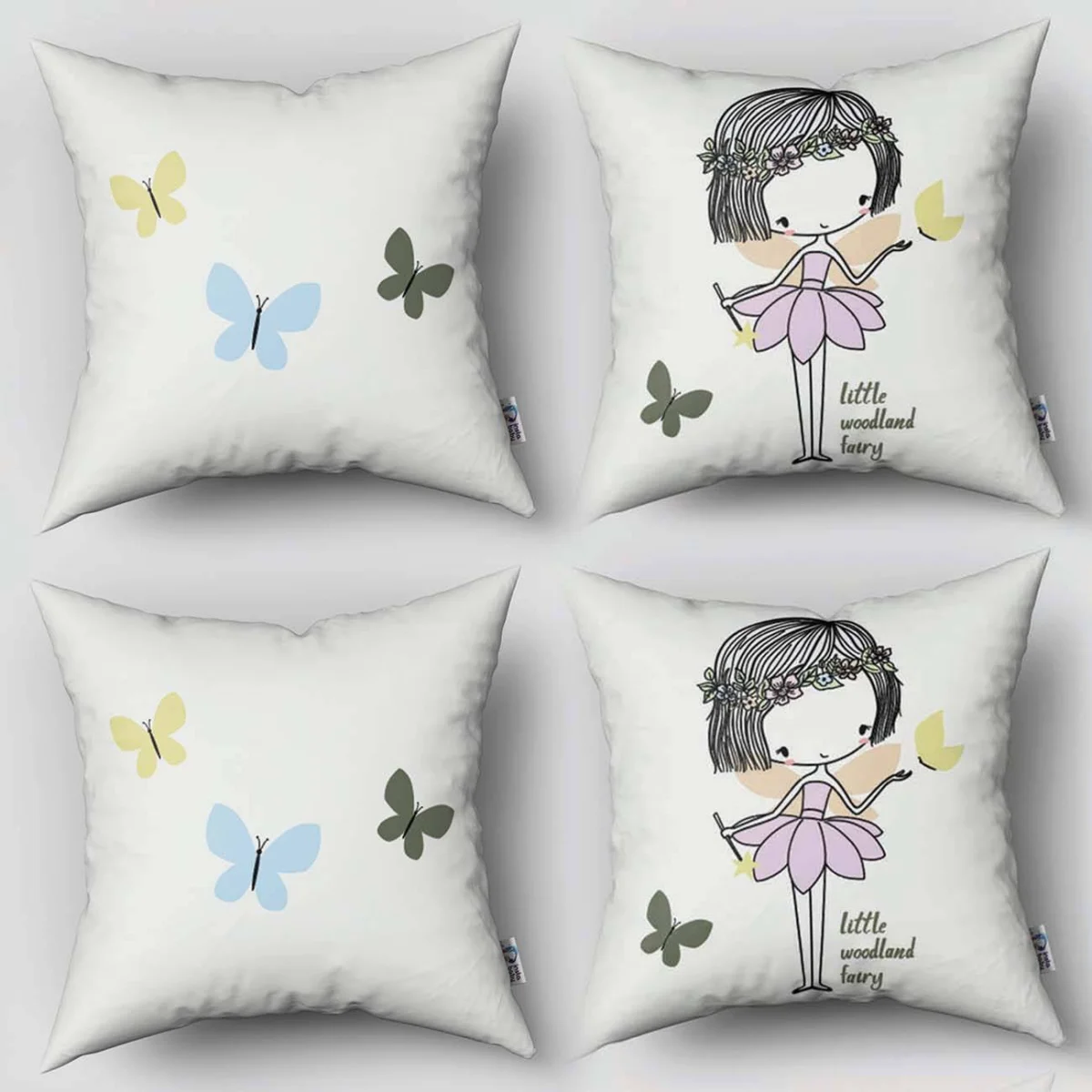 Peri 4lü Kırlent | Beyaz Kelebekler ve 'little woodland fairy' yazısı Desenli