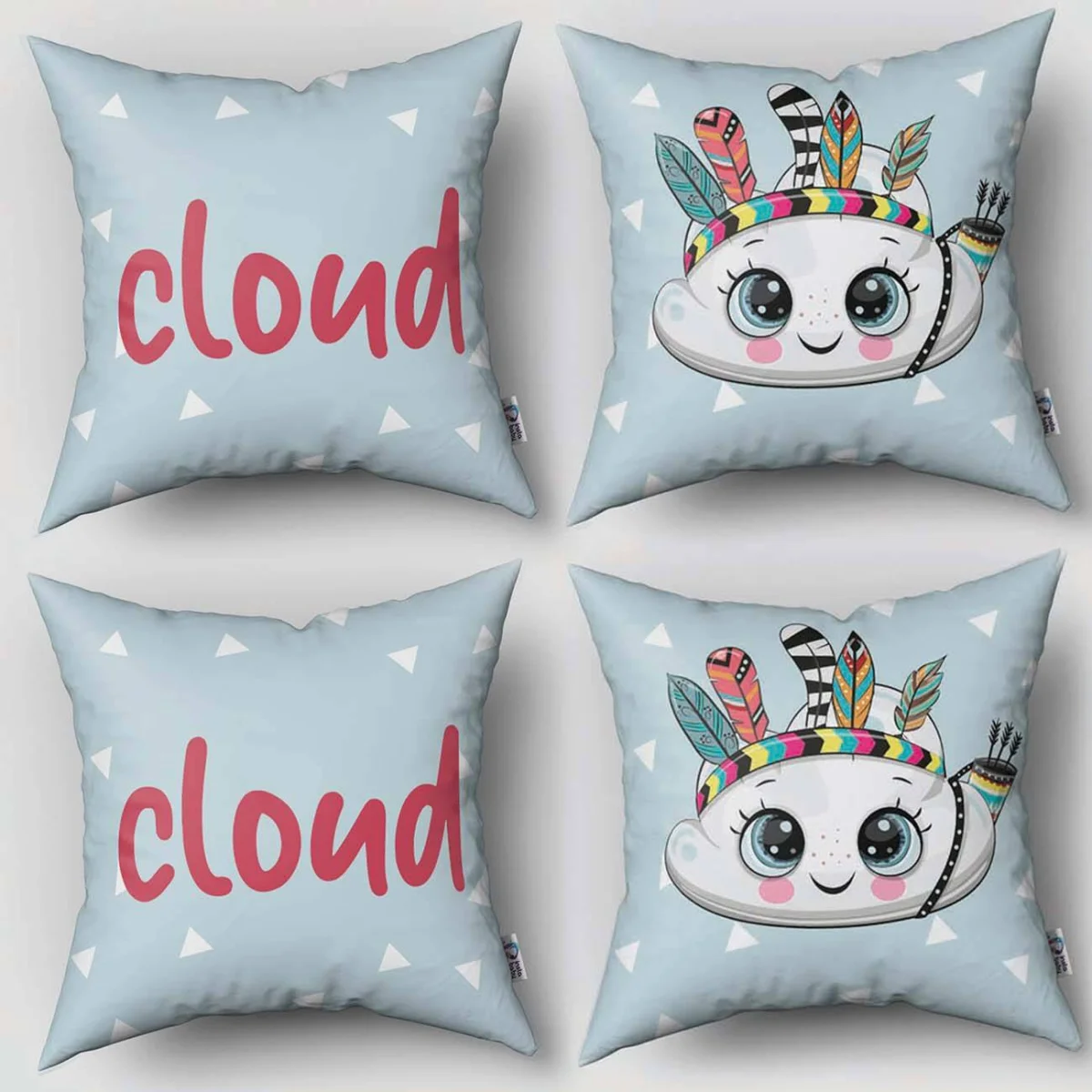 Boho Bulut 4lü Kırlent | Açık Mavi küçük üçgenler, oklar Desenli