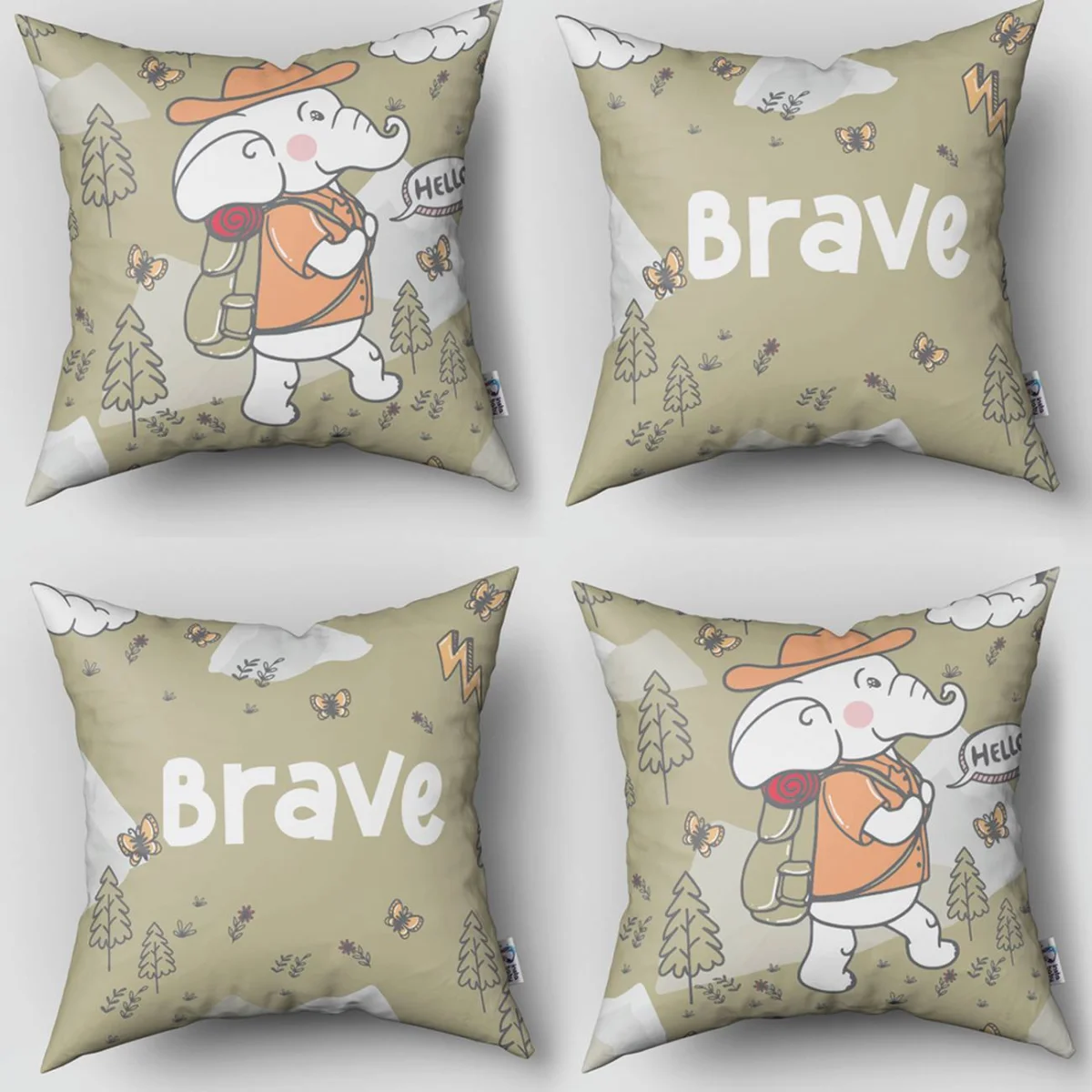 Maceracı Fil 4lü Kırlent | Haki dağlar, ağaçlar Desenli